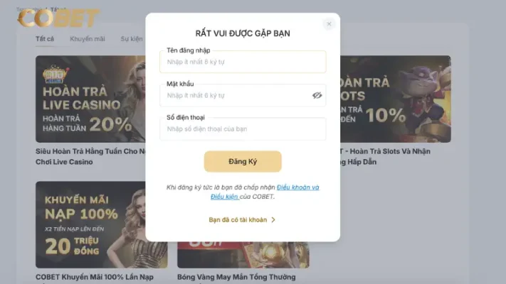 Hướng dẫn đăng ký tài khoản tại Cobet